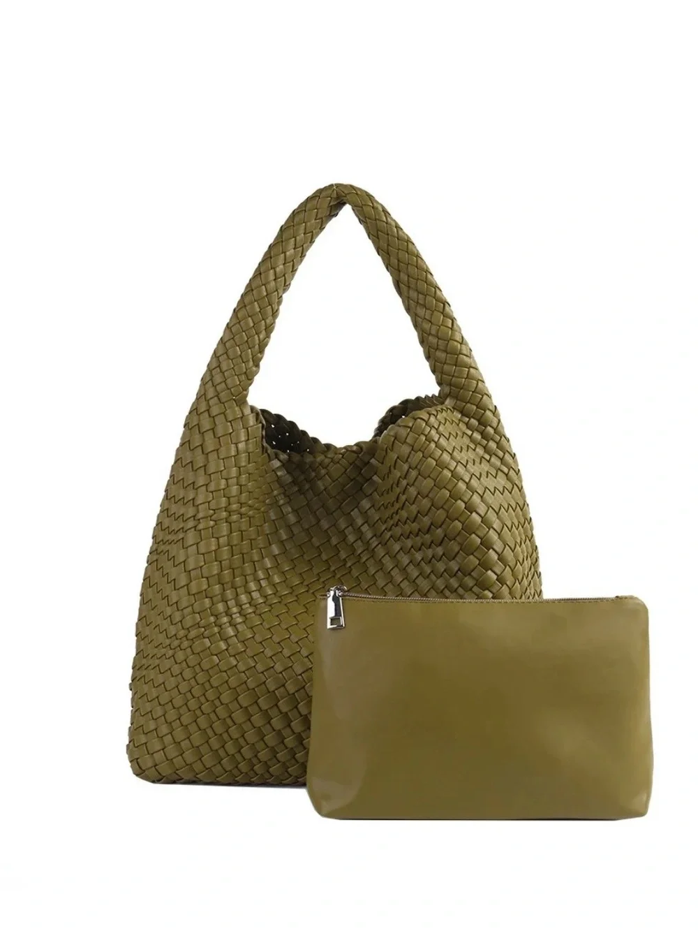 Olive Woven Hobo Tote with Pouch - Stylish Everyday Shoulder Bag